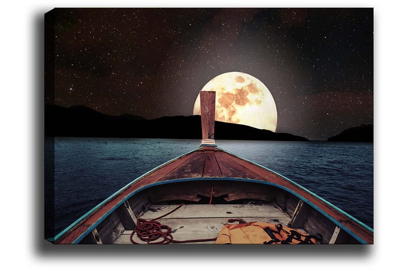 Canvas taulu 70x100 cm - Vene purjehtii kohti suurta, kirkasta kuuta yötaivaalla - Tummansininen / Ruskea / Kulta - Sisustustuotteet - Taulu & taide - Canvas-taulu