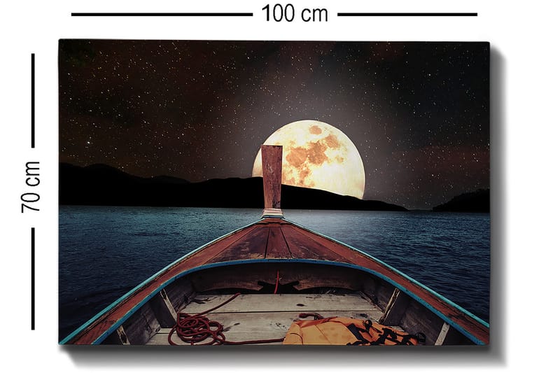 Canvas taulu 70x100 cm - Vene purjehtii kohti suurta, kirkasta kuuta yötaivaalla - Tummansininen / Ruskea / Kulta - Sisustustuotteet - Taulu & taide - Canvas-taulu
