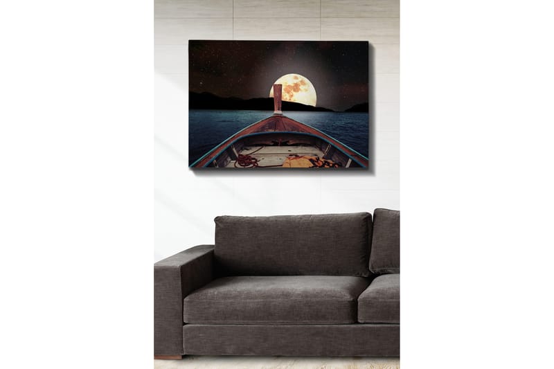Canvas taulu 70x100 cm - Vene purjehtii kohti suurta, kirkasta kuuta yötaivaalla, Tummansininen / Ruskea / Kulta
