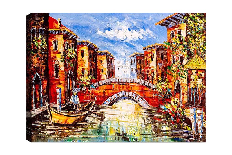 Canvas taulu 70x100 cm - Viehättävä kanava värikkäine rakennuksineen ja sillan ali liukuva vene, Oranssi / Sininen / Vihreä