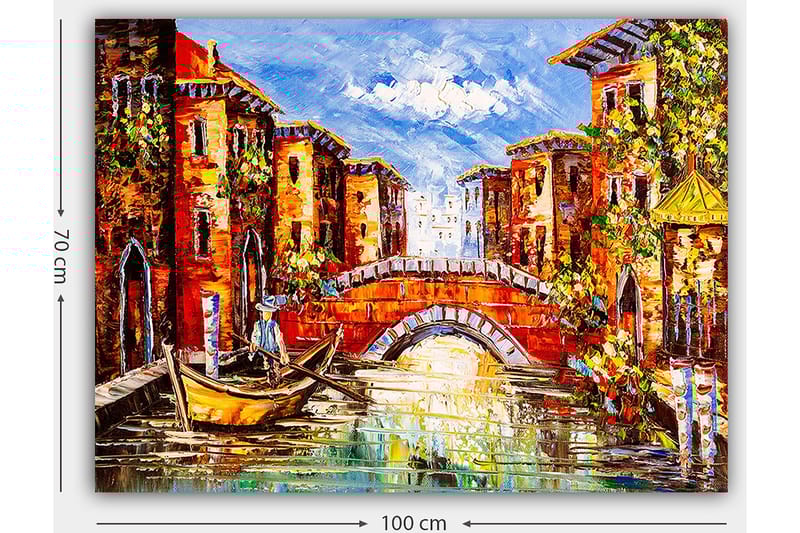 Canvas taulu 70x100 cm - Viehättävä kanava värikkäine rakennuksineen ja sillan ali liukuva vene - Oranssi / Sininen / Vihreä - Sisustustuotteet - Taulu & taide - Canvas-taulu