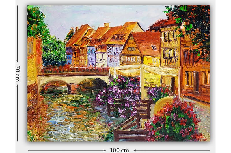 Canvas taulu 70x100 cm - Viehättävä kanava värikkäine taloineen ja reunaa koristavine kukineen - Vihreä / Violetti / Oranssi - Sisustustuotteet - Taulu & taide - Canvas-taulu