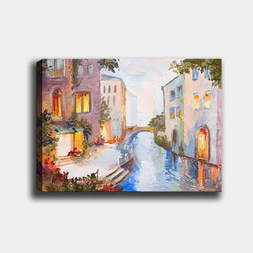 Canvas taulu 70x100 cm - Viehättävä kanava värikkäine taloineen ja veteen heijastuva silta - Vaaleansininen / Violetti / Oranssi - Sisustustuotteet - Taulu & taide - Canvas-taulu