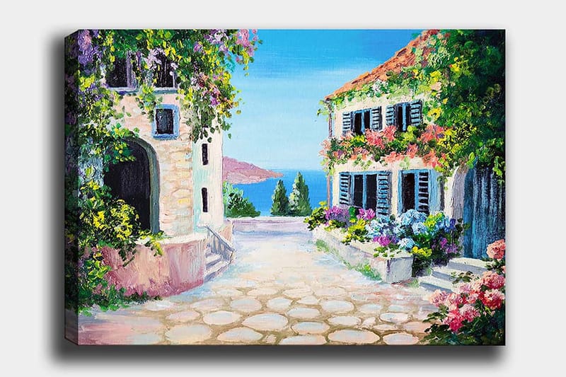 Canvas taulu 70x100 cm - Viehättävä katu kukkaisilla taloilla ja merinäköalalla, Vihreä / Vaaleanpunainen / Sininen