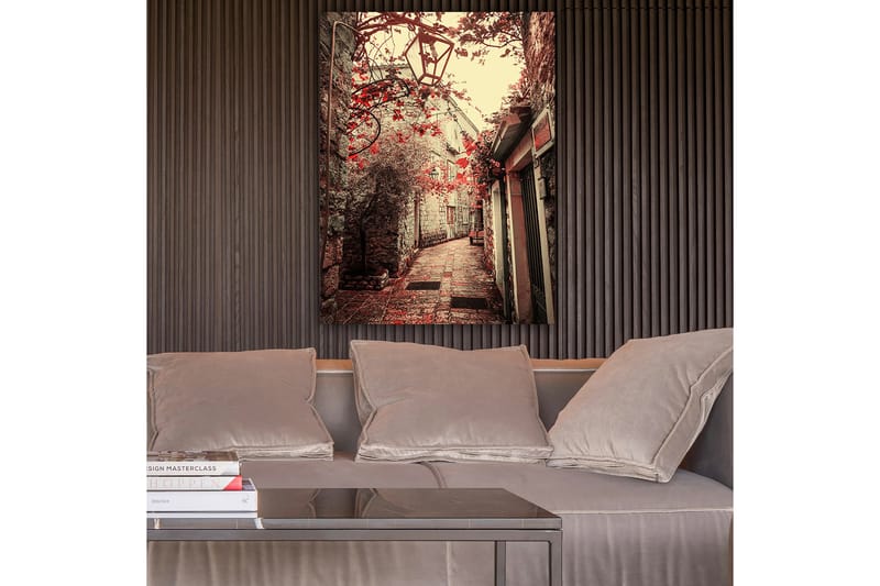 Canvas taulu 70x100 cm - Viehättävä kuja, jota reunustavat vanhat rakennukset ja punaisen sävyiset kukat - Punainen / Beige - Sisustustuotteet - Taulu & taide - Canvas-taulu