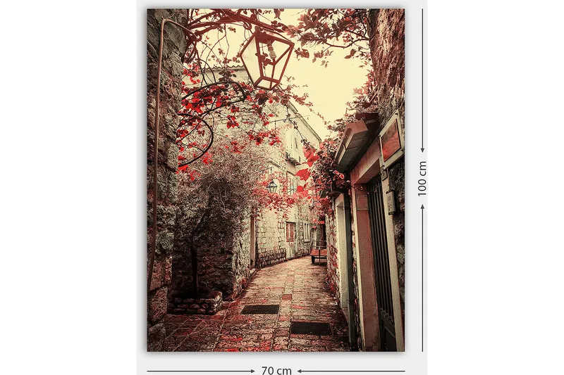 Canvas taulu 70x100 cm - Viehättävä kuja, jota reunustavat vanhat rakennukset ja punaisen sävyiset kukat - Punainen / Beige - Sisustustuotteet - Taulu & taide - Canvas-taulu