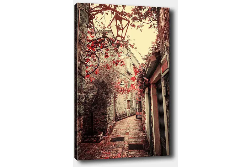 Canvas taulu 70x100 cm - Viehättävä kuja, jota reunustavat vanhat rakennukset ja punaisen sävyiset kukat - Punainen / Beige - Sisustustuotteet - Taulu & taide - Canvas-taulu