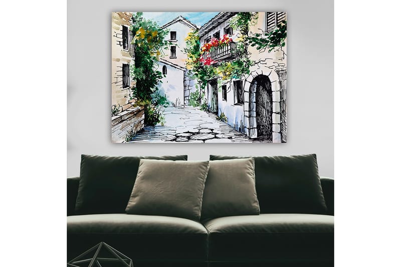 Canvas taulu 70x100 cm - Viehättävä kuja viehättävine taloineen ja kukkivine parvekkeineen - Vihreä / Beige / Punainen - Sisustustuotteet - Taulu & taide - Canvas-taulu