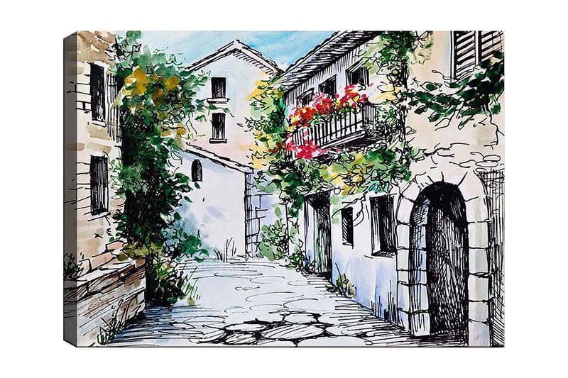 Canvas taulu 70x100 cm - Viehättävä kuja viehättävine taloineen ja kukkivine parvekkeineen, Vihreä / Beige / Punainen