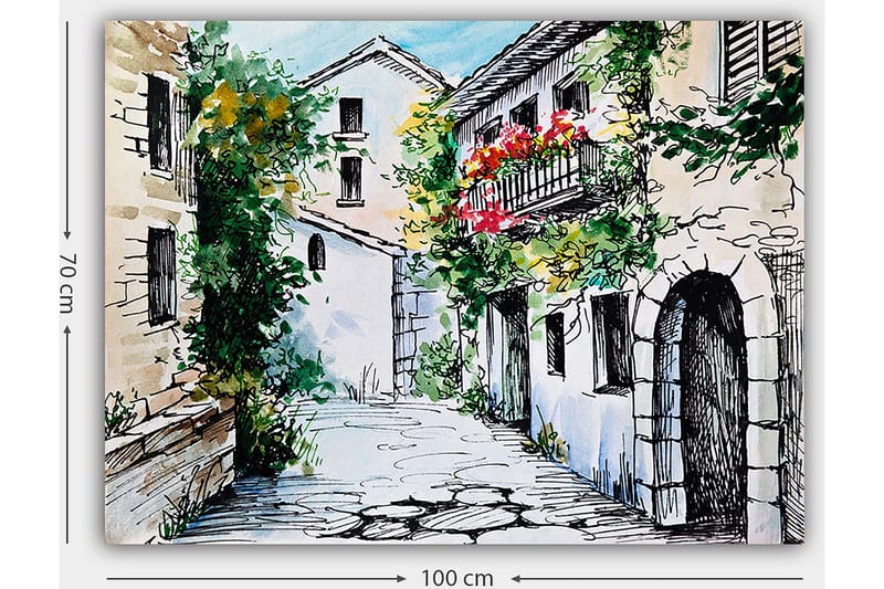 Canvas taulu 70x100 cm - Viehättävä kuja viehättävine taloineen ja kukkivine parvekkeineen - Vihreä / Beige / Punainen - Sisustustuotteet - Taulu & taide - Canvas-taulu