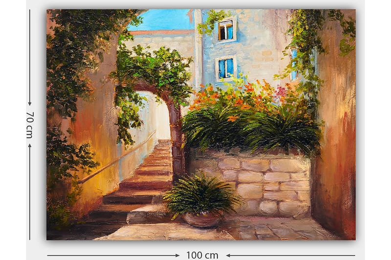 Canvas taulu 70x100 cm - Viehättävä kuja portaikkoineen, vehreyden ja kukkien ympäröimänä - Vihreä / Beige / Oranssi - Sisustustuotteet - Taulu & taide - Canvas-taulu