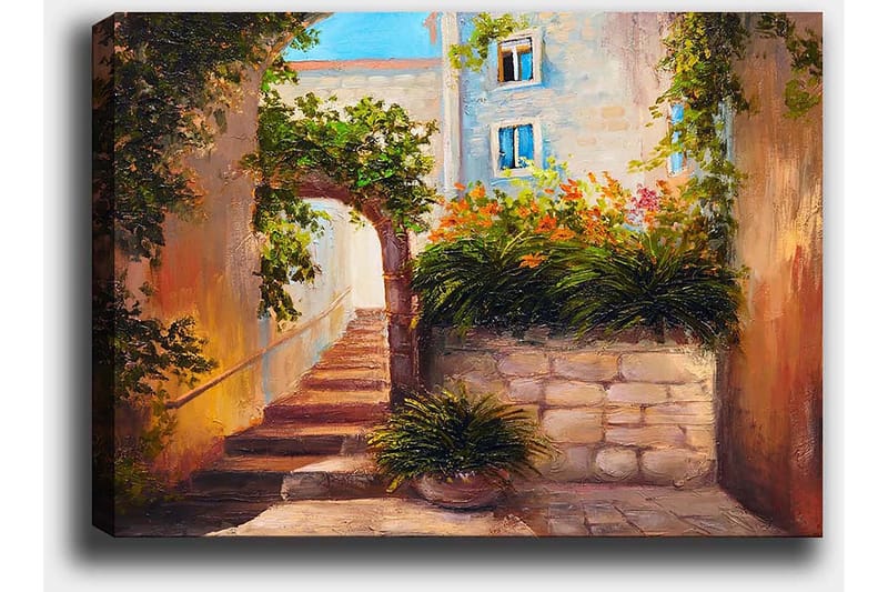 Canvas taulu 70x100 cm - Viehättävä kuja portaikkoineen, vehreyden ja kukkien ympäröimänä - Vihreä / Beige / Oranssi - Sisustustuotteet - Taulu & taide - Canvas-taulu