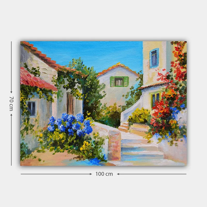 Canvas taulu 70x100 cm - Viehättävä kylämaisema värikkäine taloineen ja kukkivine kasveineen - Sininen / Vihreä / Keltainen - Sisustustuotteet - Taulu & taide - Canvas-taulu