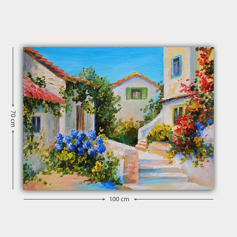 Canvas taulu 70x100 cm - Viehättävä kylämaisema värikkäine taloineen ja kukkivine kasveineen - Sininen / Vihreä / Keltainen - Sisustustuotteet - Taulu & taide - Canvas-taulu