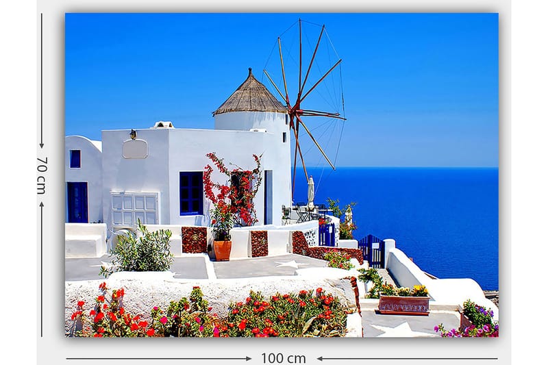 Canvas taulu 70x100 cm - Viehättävä näkymä valkoiseksi kalkitusta rakennuksesta, jossa on perinteinen tuulimylly ja värikkäitä kukkia Santorinilla - Valkoinen / Sininen / Punainen - Sisustustuotteet - Taulu & taide - Canvas-taulu