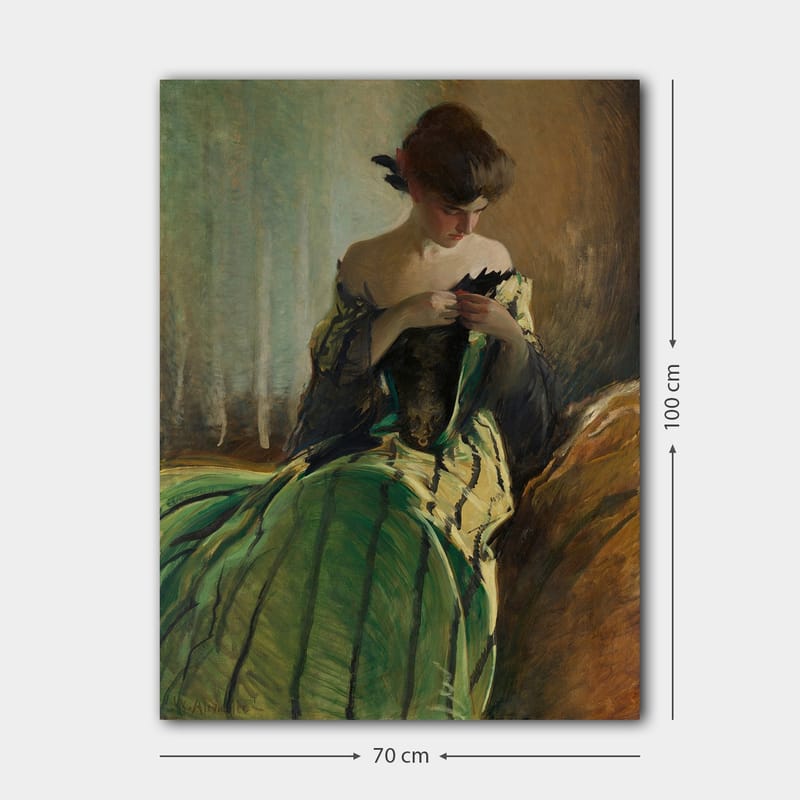 Canvas taulu 70x100 cm - Vihreämekkoinen nainen istuu ja työskentelee käsissään jonkin kanssa, syvissä mietteissä. - Vihreä / Musta / Beige - Sisustustuotteet - Taulu & taide - Canvas-taulu