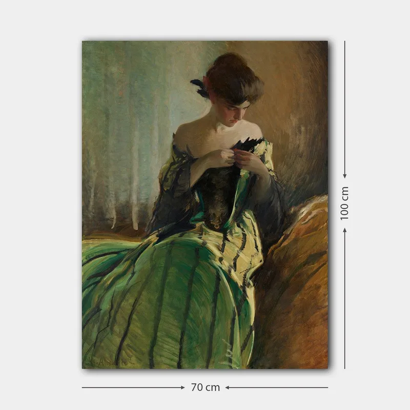 Canvas taulu 70x100 cm - Vihreämekkoinen nainen istuu ja työskentelee käsissään jonkin kanssa, syvissä mietteissä. - Vihreä / Musta / Beige - Sisustustuotteet - Taulu & taide - Canvas-taulu