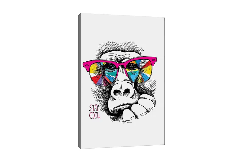 Canvas taulu 70x100 cm - Viileä gorilla värikkäissä aurinkolaseissa ilmaisee rentoa asennetta, Vaaleanpunainen / Keltainen / Sininen