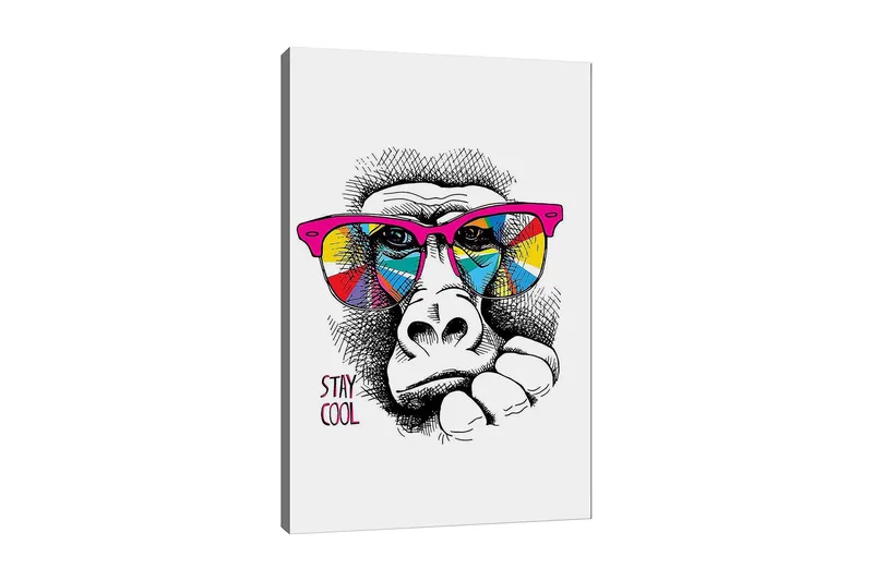 Canvas taulu 70x100 cm - Viileä gorilla värikkäissä aurinkolaseissa ilmaisee rentoa asennetta, Vaaleanpunainen / Keltainen / Sininen
