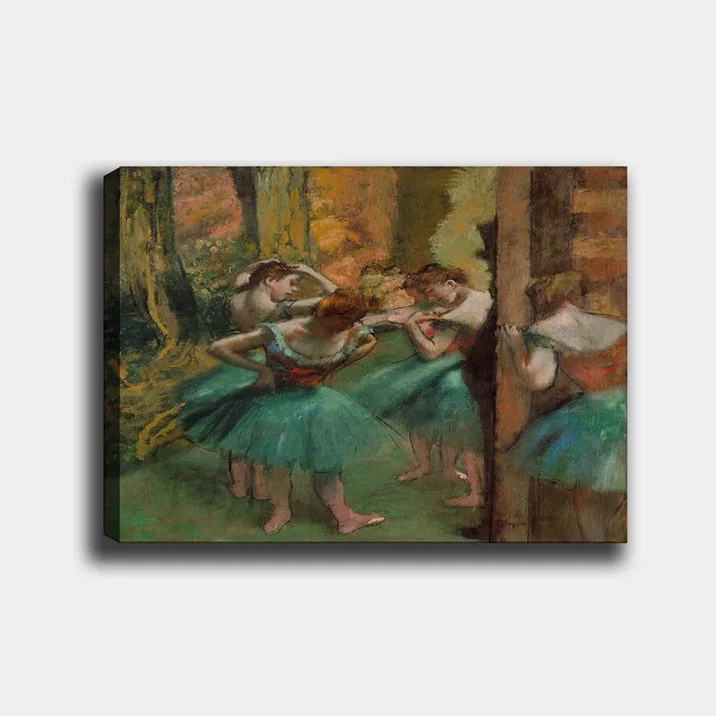 Canvas taulu 70x100 cm - Viisi balettitanssijaa värikkäissä tutuissa valmistautumassa esitykseen, Vihreä / Oranssi / Punainen