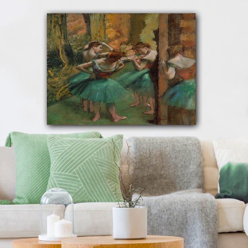 Canvas taulu 70x100 cm - Viisi balettitanssijaa värikkäissä tutuissa valmistautumassa esitykseen - Vihreä / Oranssi / Punainen - Sisustustuotteet - Taulu & taide - Canvas-taulu