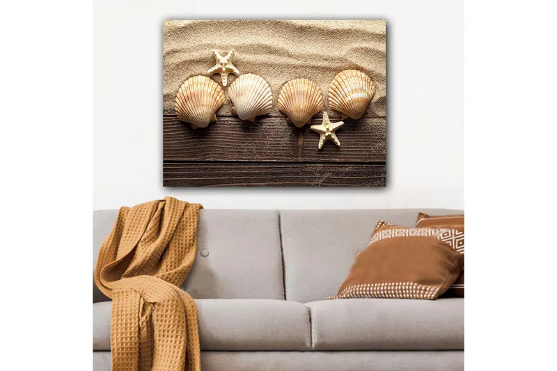 Canvas taulu 70x100 cm - Viisi simpukkaa ja meritähti hiekkaisella pohjalla, Beige / Ruskea / Valkoinen