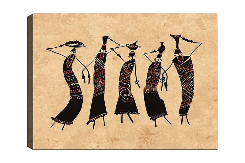 Canvas taulu 70x100 cm - Viisi tyyliteltyä naista tanssii perinteisissä vaatteissa ja asusteissa, Musta / Punainen / Vihreä