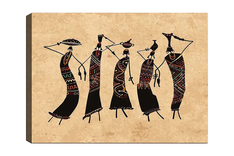 Canvas taulu 70x100 cm - Viisi tyyliteltyä naista tanssii perinteisissä vaatteissa ja asusteissa, Musta / Punainen / Vihreä