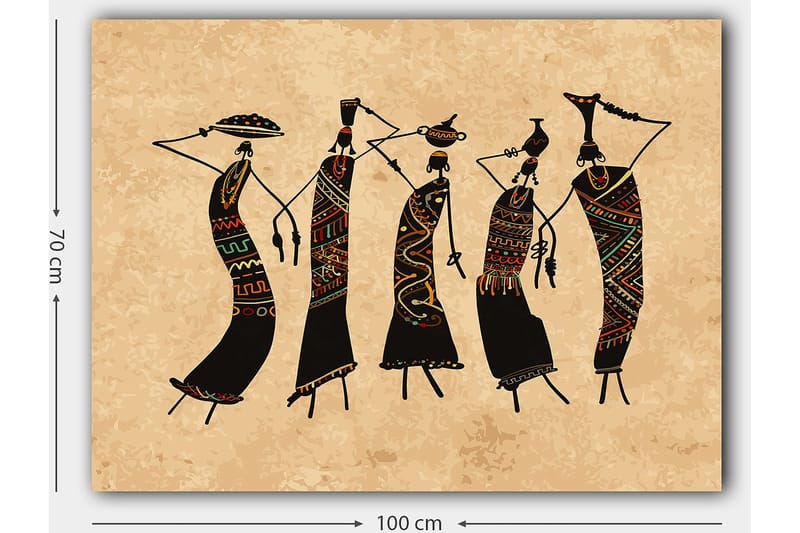 Canvas taulu 70x100 cm - Viisi tyyliteltyä naista tanssii perinteisissä vaatteissa ja asusteissa - Musta / Punainen / Vihreä - Sisustustuotteet - Taulu & taide - Canvas-taulu