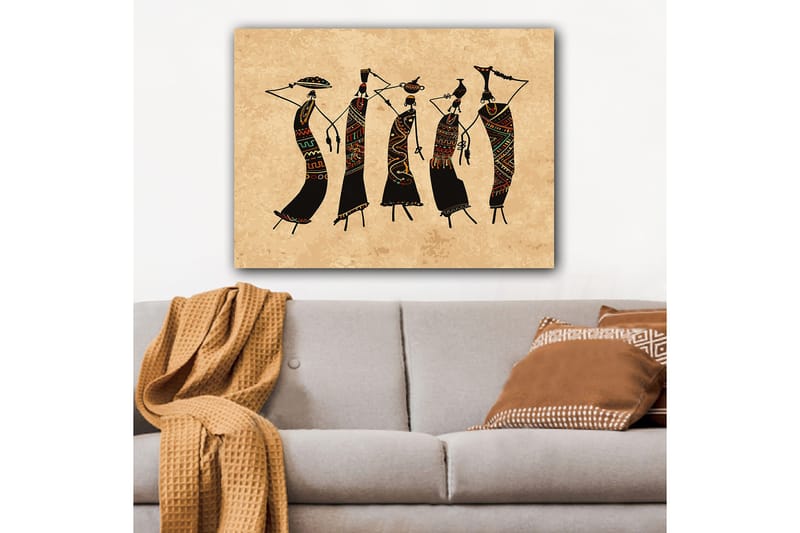 Canvas taulu 70x100 cm - Viisi tyyliteltyä naista tanssii perinteisissä vaatteissa ja asusteissa - Musta / Punainen / Vihreä - Sisustustuotteet - Taulu & taide - Canvas-taulu