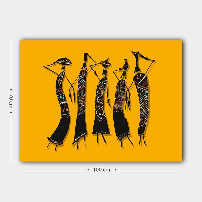 Canvas taulu 70x100 cm - Viisi tyyliteltyä naista perinteisissä vaatteissa kantaen esineitä päässään - Musta / Keltainen / Punainen - Sisustustuotteet - Taulu & taide - Canvas-taulu