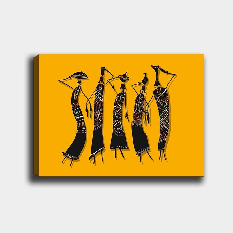 Canvas taulu 70x100 cm - Viisi tyyliteltyä naista perinteisissä vaatteissa kantaen esineitä päässään, Musta / Keltainen / Punainen