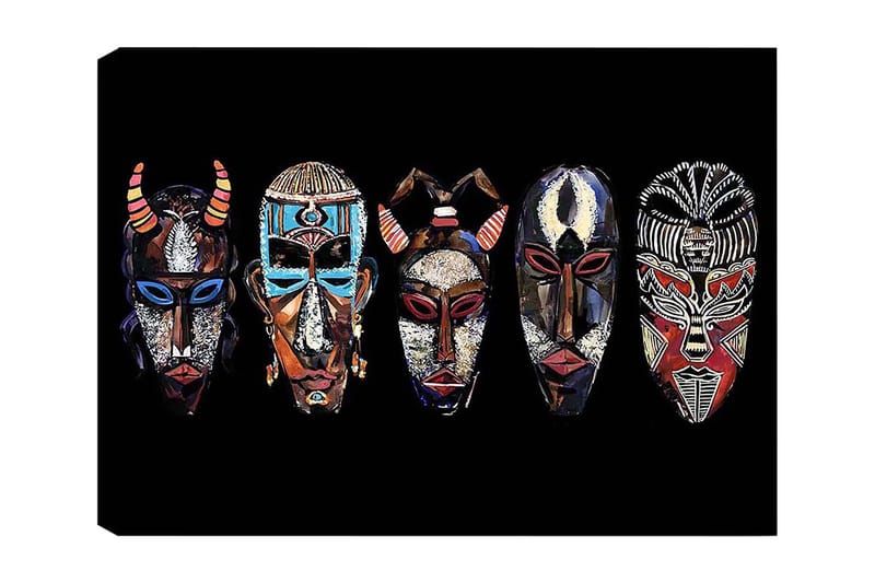 Canvas taulu 70x100 cm - Viisi värikästä naamiota erilaisilla kuvioilla ja ilmeillä, Punainen / Musta / Sininen