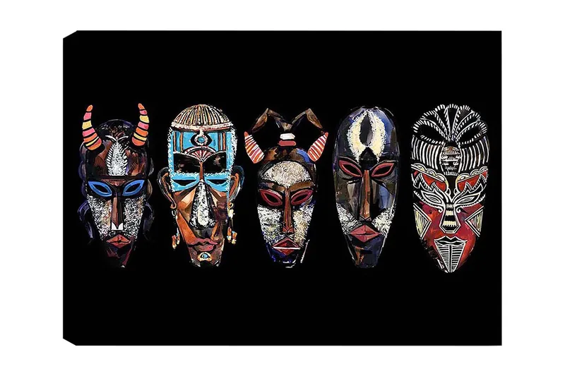 Canvas taulu 70x100 cm - Viisi värikästä naamiota erilaisilla kuvioilla ja ilmeillä, Punainen / Musta / Sininen