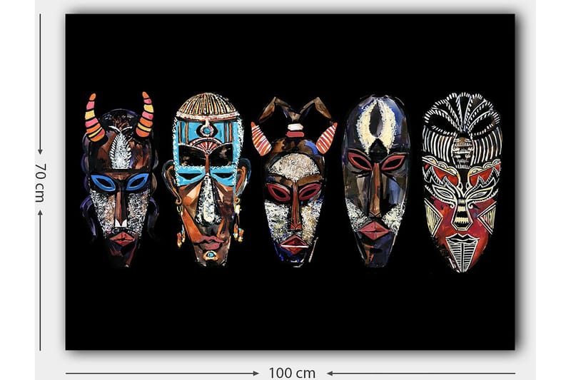 Canvas taulu 70x100 cm - Viisi värikästä naamiota erilaisilla kuvioilla ja ilmeillä - Punainen / Musta / Sininen - Sisustustuotteet - Taulu & taide - Canvas-taulu