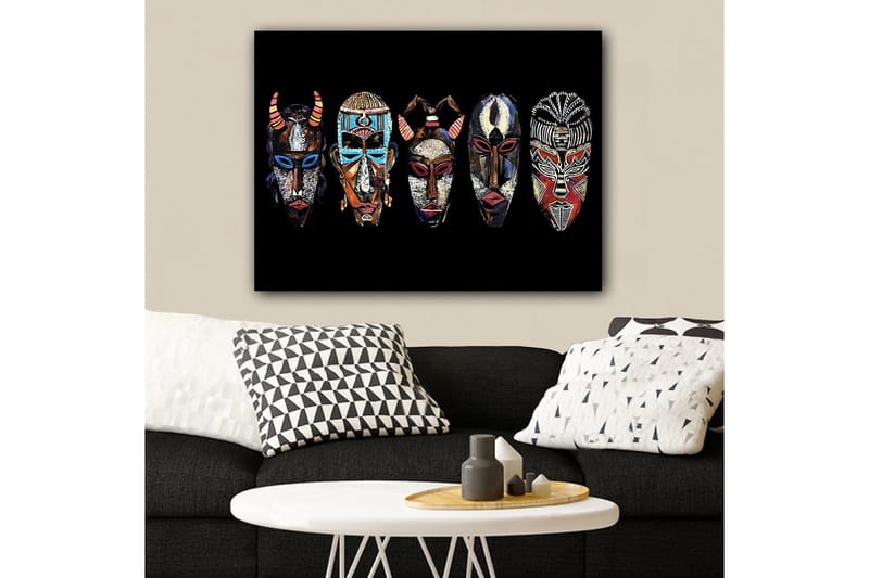 Canvas taulu 70x100 cm - Viisi värikästä naamiota erilaisilla kuvioilla ja ilmeillä - Punainen / Musta / Sininen - Sisustustuotteet - Taulu & taide - Canvas-taulu