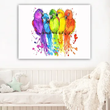 Canvas taulu 70x100 cm - Viisi värikästä papukaijaa rivissä - Violetti / Vihreä / Oranssi - Sisustustuotteet - Taulu & taide - Canvas-taulu
