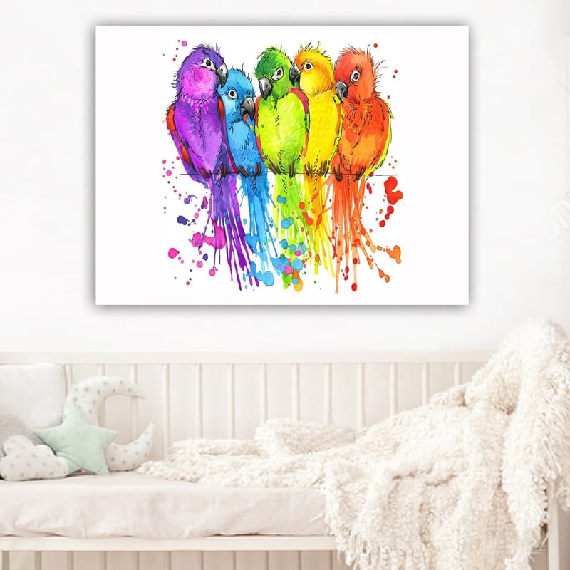Canvas taulu 70x100 cm - Viisi värikästä papukaijaa rivissä - Violetti / Vihreä / Oranssi - Sisustustuotteet - Taulu & taide - Canvas-taulu