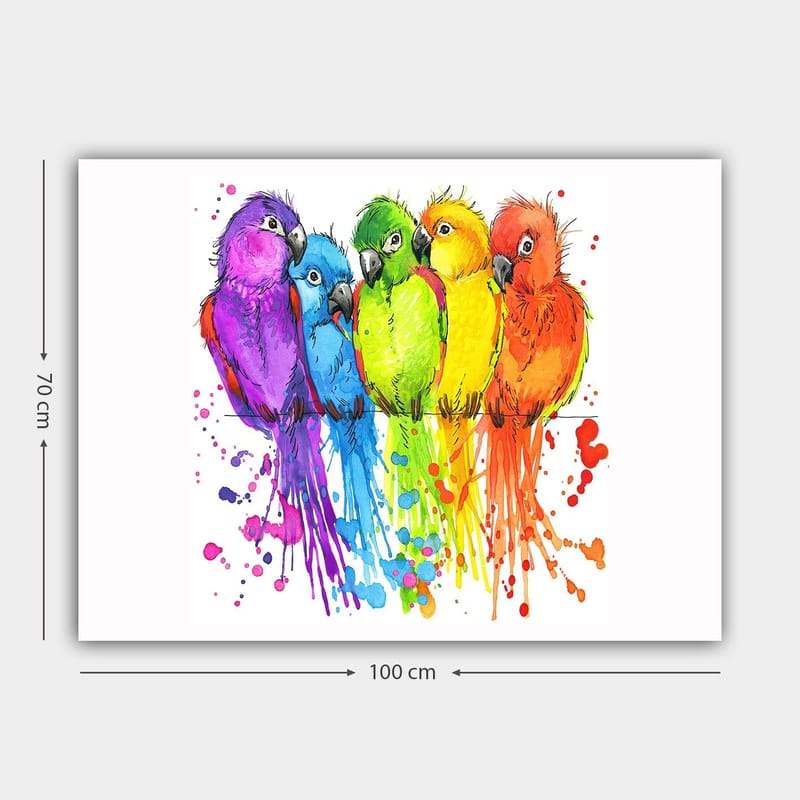 Canvas taulu 70x100 cm - Viisi värikästä papukaijaa rivissä - Violetti / Vihreä / Oranssi - Sisustustuotteet - Taulu & taide - Canvas-taulu