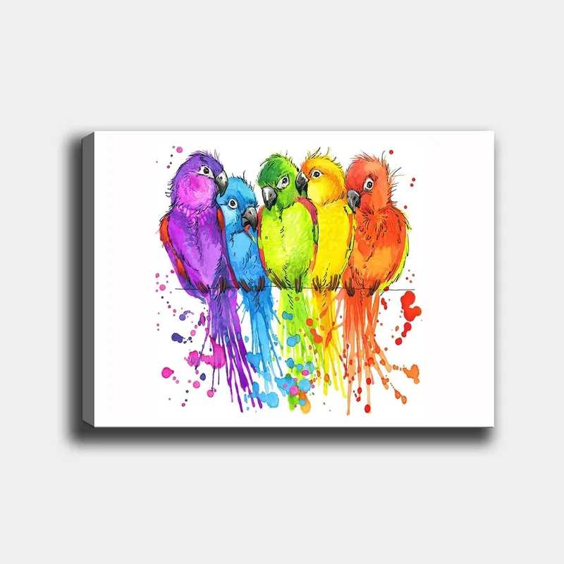 Canvas taulu 70x100 cm - Viisi värikästä papukaijaa rivissä, Violetti / Vihreä / Oranssi