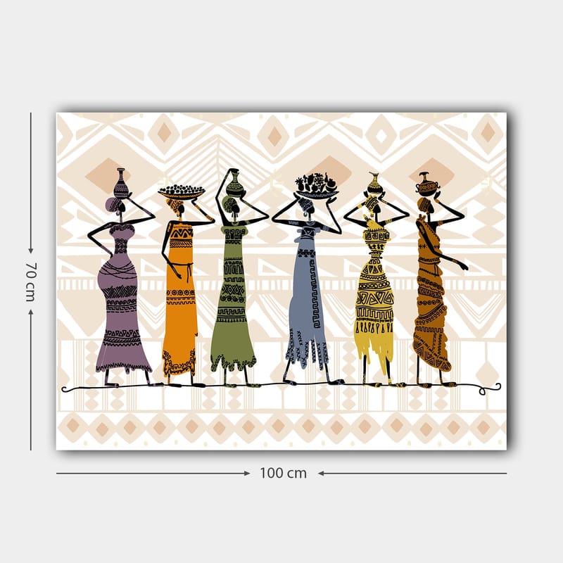 Canvas taulu 70x100 cm - Viisi perinnevaatteissa olevaa naista kantavat esineitä päässään - Violetti / Oranssi / Vihreä - Sisustustuotteet - Taulu & taide - Canvas-taulu