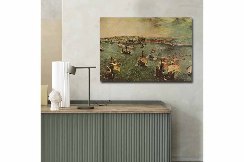 Canvas taulu 70x100 cm - Vilkas järvimaisema, jossa useita purjeveneitä navigoi vedessä - Vihreä / Ruskea / Beige - Sisustustuotteet - Taulu & taide - Canvas-taulu