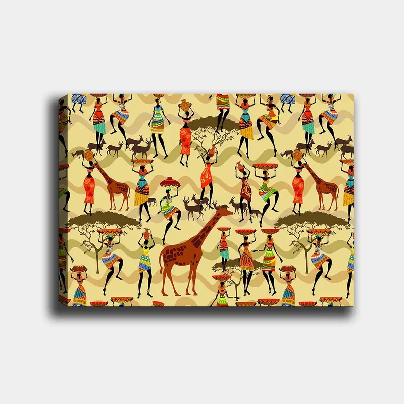 Canvas taulu 70x100 cm - Vilkas ja värikäs näkymä, jossa ihmiset perinteisissä vaatteissa tanssivat ja ovat vuorovaikutuksessa eläinten kanssa afrikkalaisessa ympäristössä, Punainen / Ruskea / Vihreä