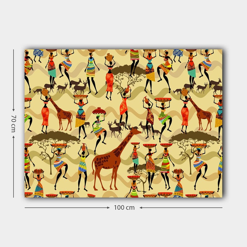 Canvas taulu 70x100 cm - Vilkas ja värikäs näkymä, jossa ihmiset perinteisissä vaatteissa tanssivat ja ovat vuorovaikutuksessa eläinten kanssa afrikkalaisessa ympäristössä - Punainen / Ruskea / Vihreä - Sisustustuotteet - Taulu & taide - Canvas-taulu