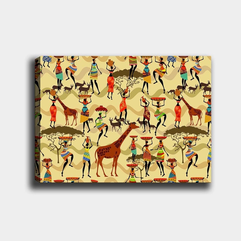 Canvas taulu 70x100 cm - Vilkas ja värikäs näkymä, jossa ihmiset perinteisissä vaatteissa tanssivat ja ovat vuorovaikutuksessa eläinten kanssa afrikkalaisessa ympäristössä, Punainen / Ruskea / Vihreä