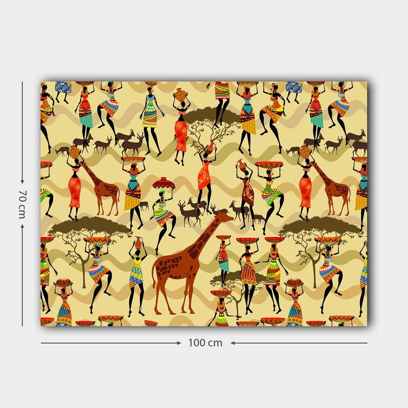 Canvas taulu 70x100 cm - Vilkas ja värikäs näkymä, jossa ihmiset perinteisissä vaatteissa tanssivat ja ovat vuorovaikutuksessa eläinten kanssa afrikkalaisessa ympäristössä - Punainen / Ruskea / Vihreä - Sisustustuotteet - Taulu & taide - Canvas-taulu
