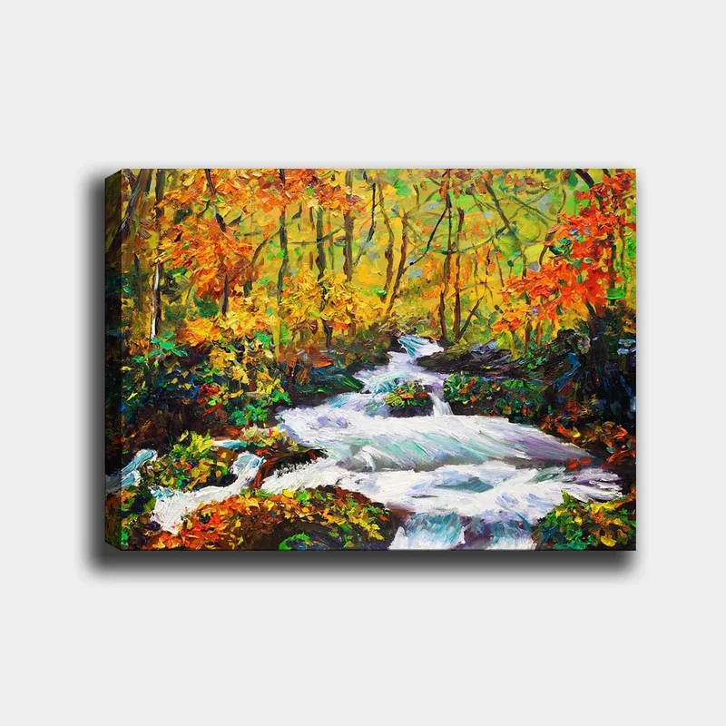 Canvas taulu 70x100 cm - Vilkas joki virtaa värikkään syysmaiseman läpi, Oranssi / Vihreä / Valkoinen