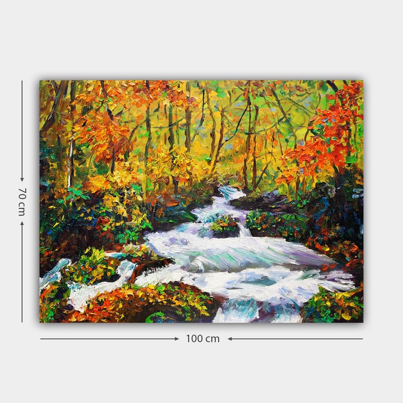 Canvas taulu 70x100 cm - Vilkas joki virtaa värikkään syysmaiseman läpi - Oranssi / Vihreä / Valkoinen - Sisustustuotteet - Taulu & taide - Canvas-taulu