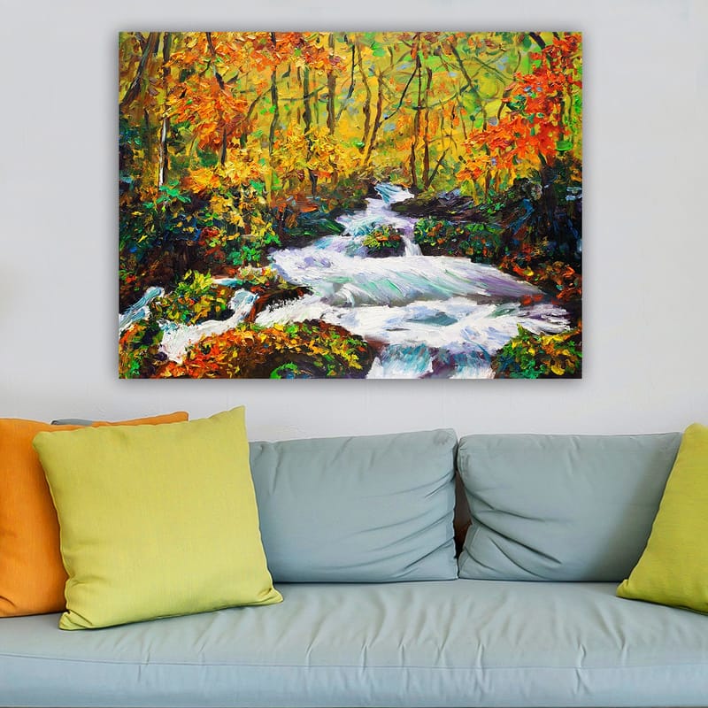 Canvas taulu 70x100 cm - Vilkas joki virtaa värikkään syysmaiseman läpi - Oranssi / Vihreä / Valkoinen - Sisustustuotteet - Taulu & taide - Canvas-taulu