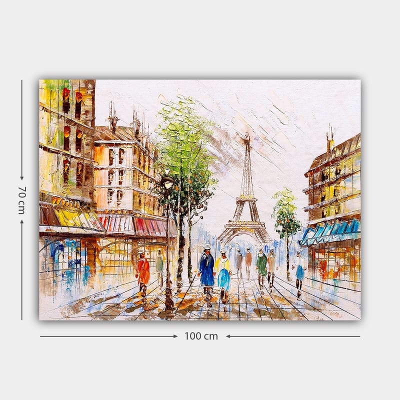 Canvas taulu 70x100 cm - Vilkas katu Pariisissa, taustalla Eiffel-torni ja käveleviä ihmisiä - Vihreä / Sininen / Oranssi - Sisustustuotteet - Taulu & taide - Canvas-taulu